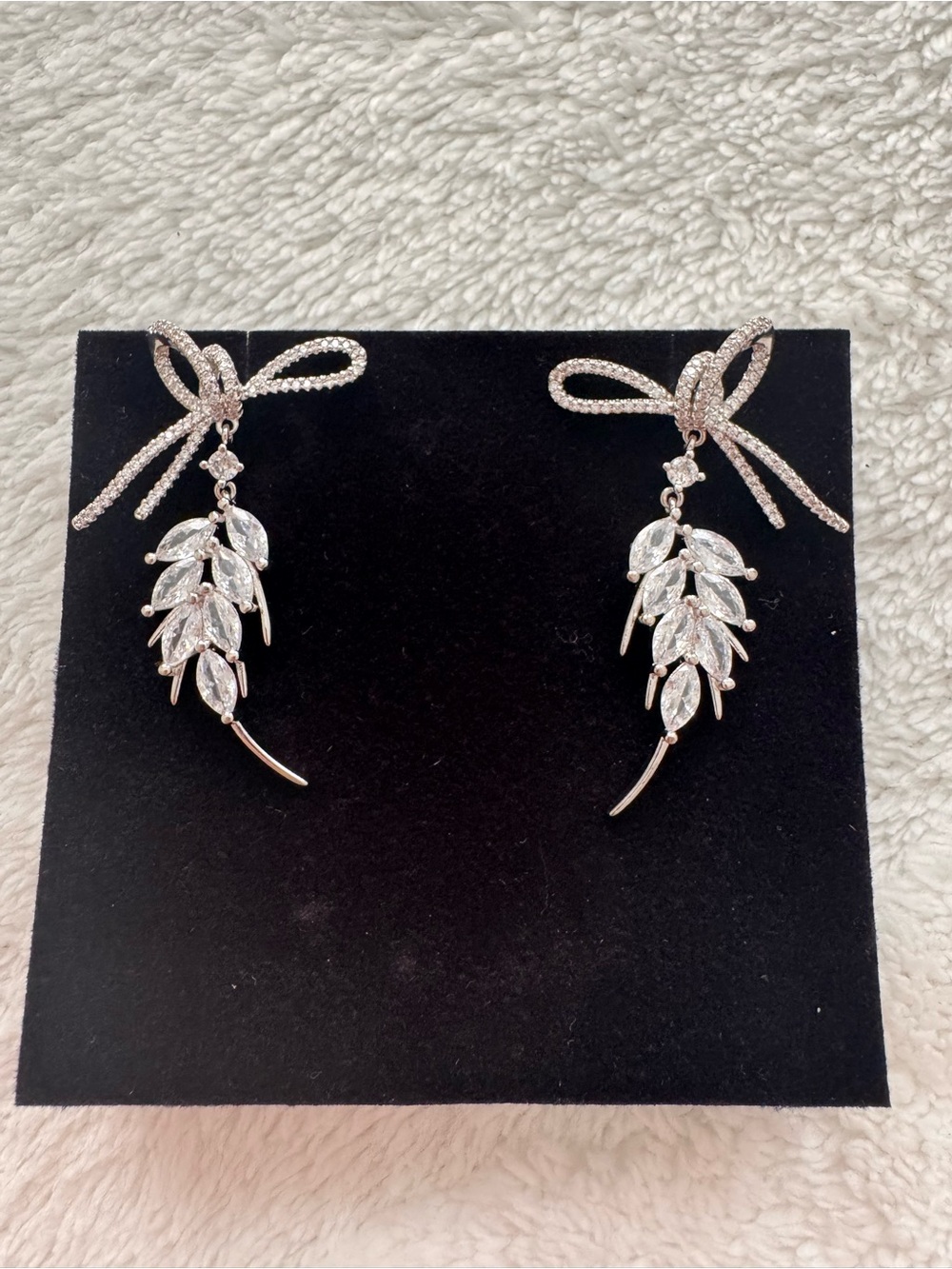 Crystal Leaf Dangle Earrings with Bow Accent